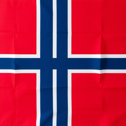 Create a high-resolution image of the Norwegian flag with vivid colors, using a DSLR camera at f/8 aperture, 1/200 sec shutter speed, ISO 100, with a 24mm lens, shot from a flat overhead view to capture the flag's details and textures.