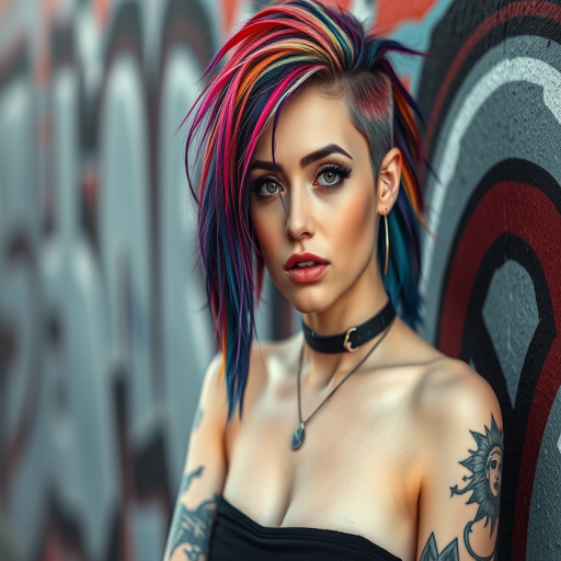 portrait of a female model with colorful punk hairstyle and tattoos against a graffiti background, soft focus, aperture f/2.8, shutter speed 1/125s, ISO 100, 85mm lens, natural light, DSLR camera