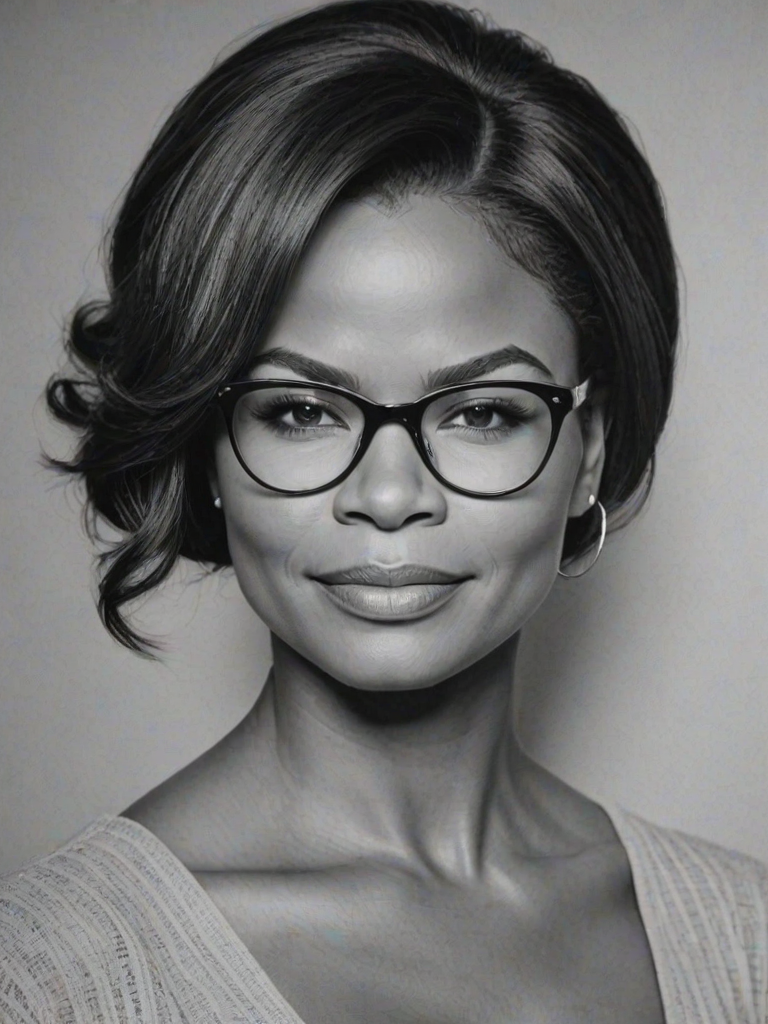 Exquisite Nia Long, pencil sketch, portrait of Dazzling woman 1959s in glasses, hair style beatnik, outline, clear lines, fine lines, 8k