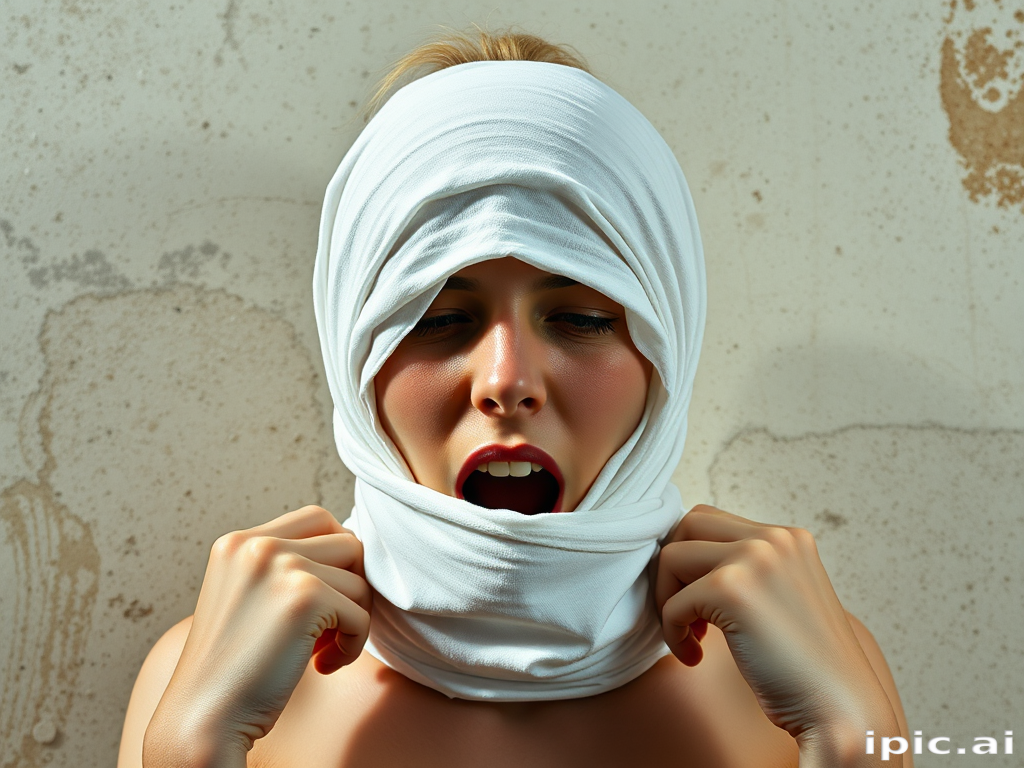 Create a close-up photographic image of the head and torso of a person with light skin tones shown against an old, worn wall. Their head is wrapped in a white cloth covering (i.e.... parts of the head except the nose and mouth, which are open as if they are screaming...), with a slight texture and visible folds in the fabric. Thin strands of blonde hair escape from the wrapping above, falling lightly at the top and sides. Their hands hold the fabric as if they are tugging nervously. The lighting is dramatic and even, casting strong shadows. The image has a minimalist and surreal style with an emphasis on simplicity with soft color tones. The composition is centered.