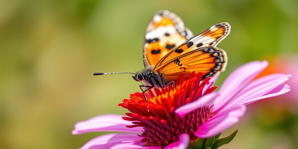 Capture a vibrant macro shot of a butterfly resting on a flower, using a Canon EOS R5 with a 100mm f/2.8L macro lens, aperture set to f/4 for a soft bokeh effect, ISO 100, and a shutter speed of 1/200 sec, in natural light with a shallow depth of field to emphasize the intricate details and colors, styled in a watercolor effect.