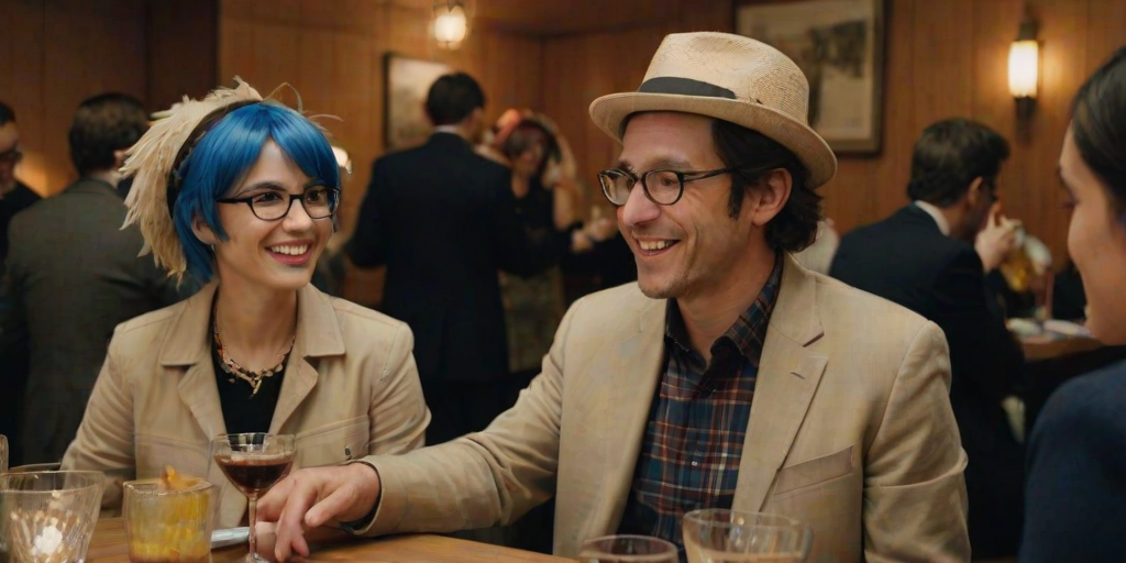 A casual medium shot photo of a group of friends at an indoor gathering, with warm artificial lighting creating a cheerful and relaxed atmosphere; the image features rich colors and is focused on the people, with additional background elements adding context. The main subjects are a Caucasian man and an Asian woman sitting closely together at a round table covered with glasses of drinks, both smiling at the camera. The man has a medium build, fair skin, and wears glasses and a bright blue wig, adding a playful touch. He is dressed in a beige plaid shirt, while the woman has long dark brown hair, light skin, and wears a black dress and a dark jacket. Her expression is cheerful, with a genuine smile. Behind them, other guests, including a man in a suit with a feathered hat, are engaged in conversation, creating a lively yet intimate setting. The lighting is soft, casting gentle shadows, and there is a slight reflection on the glasses, adding to the cozy indoor feel. The tiled wall and wooden trim provide a neutral backdrop, with the details of the table setting adding to the context of a social, light-hearted event. The image is rich in detail, with clear focus on the main subjects and a harmonious blend of warm tones enhancing the convivial mood