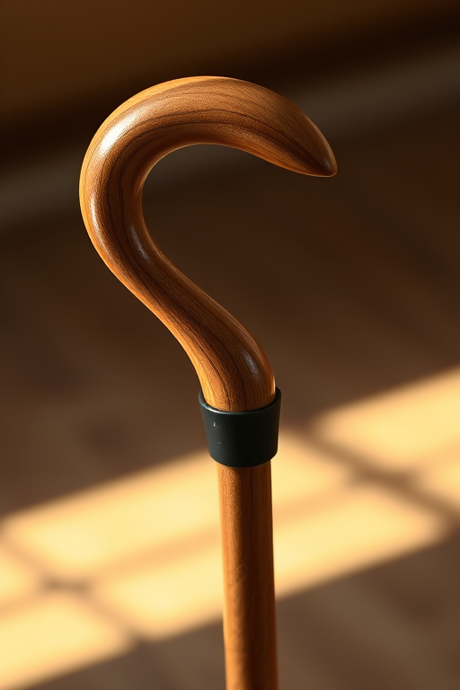 Create a hyper-realistic illustration of a wooden cane with a curved handle and a black rubber tip, using soft lighting, focus on texture details, portrait orientation, shot with a DSLR camera at f/2.8 aperture, 50mm lens, ISO 100, natural light.