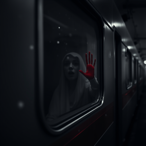 Capture a dark, eerie scene of a ghostly figure in a train window with red handprints on the glass, shot with a Canon EOS R5, 50mm lens, f/1.8 aperture, ISO 400, shutter speed 1/250s, in a moody low-angle perspective, focusing on the haunting atmosphere in black and white with a hint of color in the handprints, with soft snowflakes gently falling outside.
