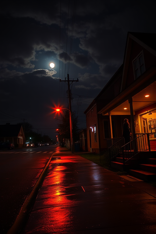A dark, atmospheric street scene at night with a single figure standing on a porch, illuminated by warm light, reflecting on wet pavement after rain, dramatic clouds in the sky with a hint of moonlight, captured with a full frame camera, f/1.8 aperture, ISO 200, 24mm lens, long exposure to enhance night details and colors.