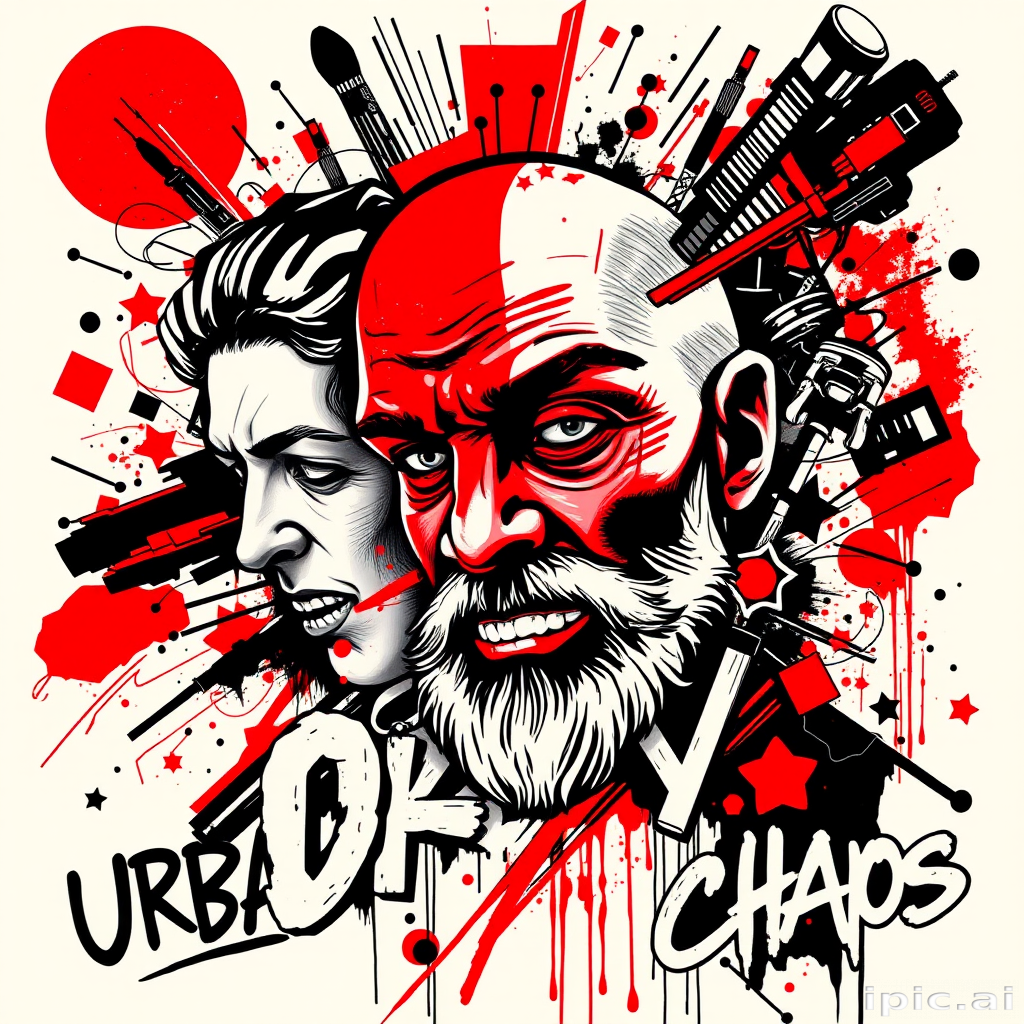 Trash polka style tattoo titled "Urban Chaos" combining bold red and black elements with photorealistic portraits, abstract shapes, and typography in a dynamic composition