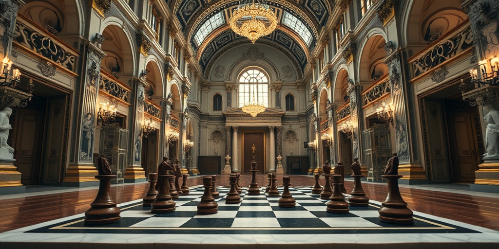 Create a highly detailed image of a grand chessboard set in an opulent, cathedral-like hall with high ceilings and intricate architecture, featuring polished marble and ornate lighting, shot with a Canon EOS R5 at f/1.8, ISO 100, 35mm lens, in a wide angle view to enhance depth and clarity.
