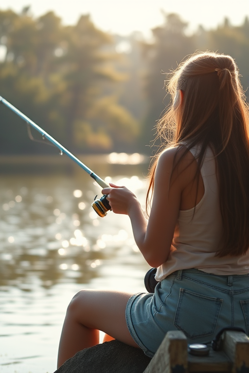 Capture a serene lakeside scene of two young women fishing together, soft sunlight filtering through the trees, shot with a Canon EOS R5, 50mm lens, f/1.8 aperture, ISO 100, natural light, shallow depth of field for a dreamy background blur.