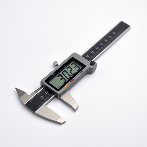 High-resolution image of a digital caliper on a clean white background, macro shot at f/2.8, ISO 100, 1/200s, lens focal length 50mm, shot from a slightly elevated angle to showcase the measurement scale.