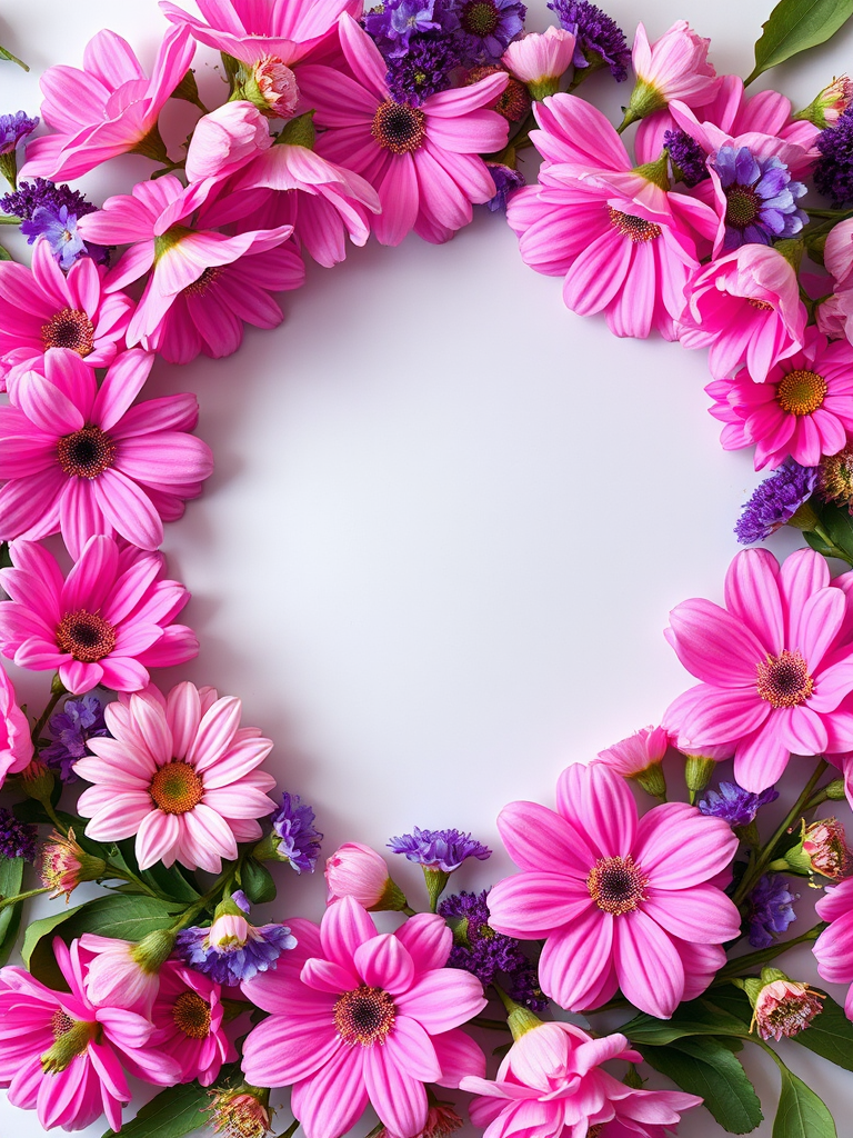 create a vibrant floral composition featuring pink and purple flowers arranged in a circular gold frame, high-resolution, taken with a DSLR camera, aperture f/2.8, ISO 100, 50mm lens, soft natural lighting, top-down view