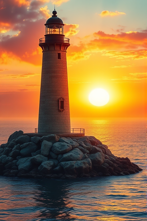 Generate an image of a tall lighthouse perched on a rocky outcrop surrounded by calm ocean waters during a breathtaking sunset. The lighthouse stands sturdy and weathered, its stone surface illuminated by the warm golden light of the setting sun. The sun's rays pass directly through the glass lantern room at the top of the lighthouse, casting a brilliant light across the scene. The sky is painted with vibrant shades of orange, pink, and purple, reflecting off the tranquil sea. The surrounding water shimmers with the same warm hues, creating a serene and majestic atmosphere.