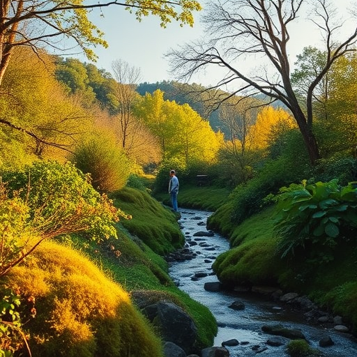 Regenerate a lush, serene landscape with a figure in a natural setting, featuring vibrant foliage and a gentle stream, captured with a DSLR camera at f/5.6 aperture, 50mm lens, ISO 100, in golden hour lighting, focusing on hyper-realistic detail and rich color depth.
