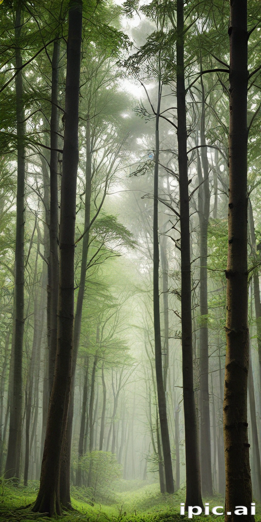 Serene Misty Forest Pathway Surrounded by Tall, Lush Green Trees