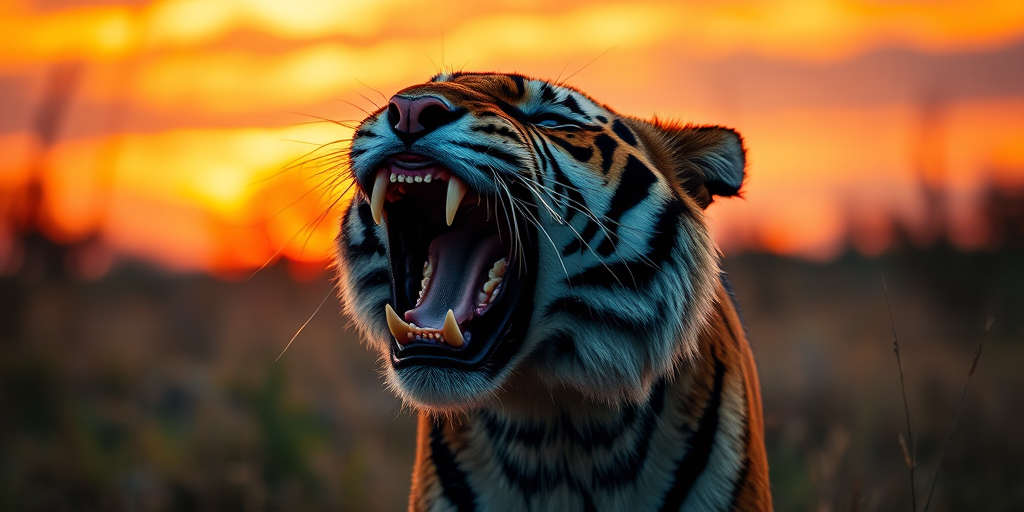 A roaring tiger in a vibrant sunset, captured with a Canon EOS R5, 85mm lens, f/1.8 aperture, ISO 100, at sunset, using a shallow depth of field for a dramatic effect and vivid colors.