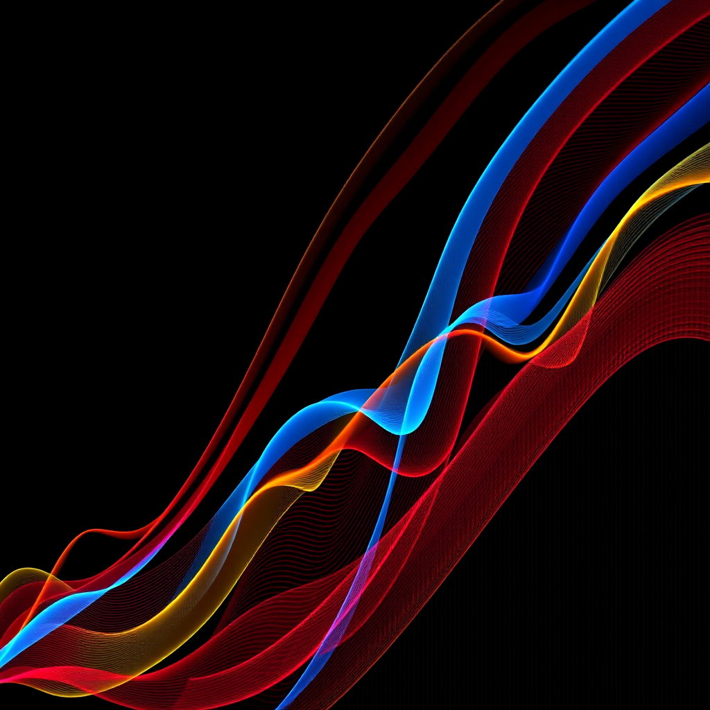 Create a high-resolution abstract graph with colorful flowing lines in red, blue, and yellow over a black background, using a 50mm lens, f/2.8 aperture, ISO 100, shot from a slightly elevated angle, in a digital art style with soft gradients and sharp detail.