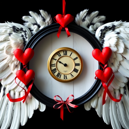 Create a digital art piece featuring two circular frames surrounded by black and white wings, a vintage clock with Roman numerals at the center, red hearts, and decorative ribbons, using a Canon EOS R5 with a 50mm f/1.2 lens, aperture set to f/2.8, shutter speed 1/60s, ISO 100, in soft focus for a dreamy effect.