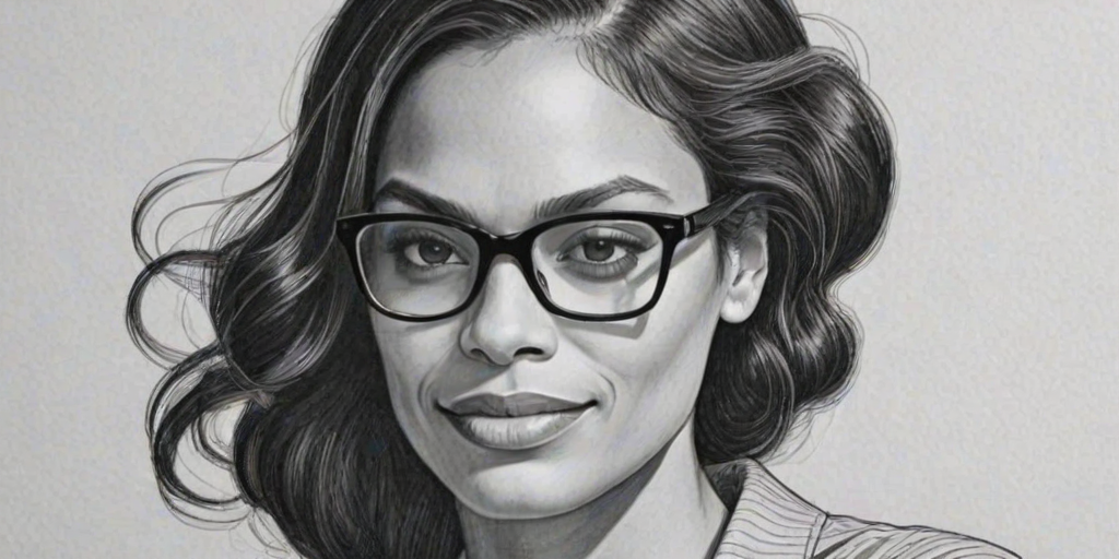 Appealing Rosario Dawson, pencil sketch, portrait of Enchanting woman 1930s in glasses, hair style beatnik, outline, clear lines, fine lines, 8k
