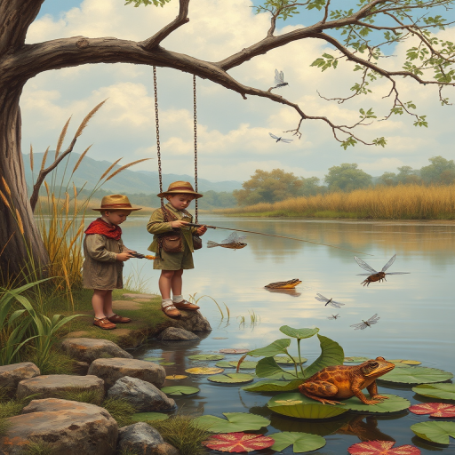 Imagine a small group of old fashioned young boys out fishing by the creek, a swing hanging from a tree branch, reeds and grasses by the water's edge, a frog sitting on a lily pad, dragonflies hovering over som water plans, a very iconic old fashioned scene reminiscent of a Norman Rockwell painting style