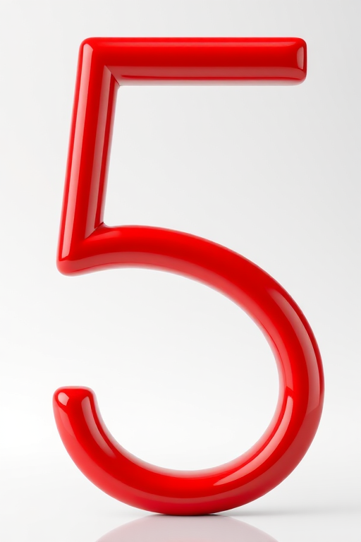 render a 3D red number 5 with high gloss finish on a transparent background using a DSLR camera with an aperture of f/2.8, ISO 100, and a focal length of 50mm, shot from a slightly elevated angle to highlight the depth and shine of the number.