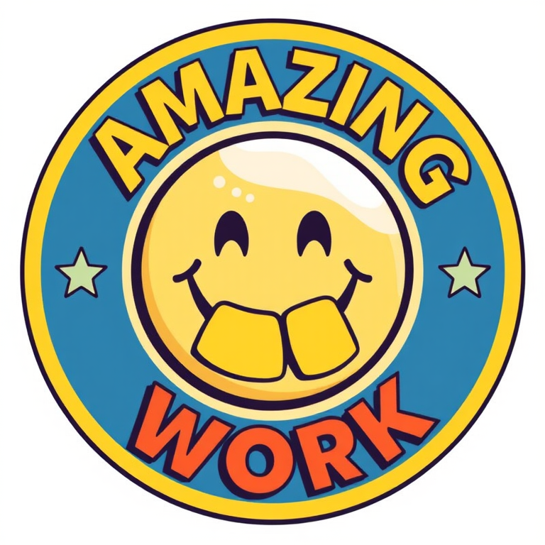 Create an illustration of a circular badge featuring a smiley face with beer in its mouth, surrounded by the words Amazing Work in a playful font, using a Canon EOS R5 camera with a 50mm f/1.2 lens, aperture set to f/2.8 for sharpness, ISO 100 for optimal detail, and a vibrant color palette to enhance visual appeal.