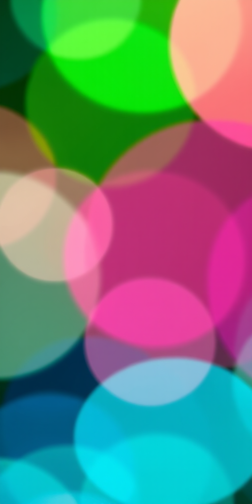 Create an abstract image of overlapping colorful circles in shades of green, pink, and blue with a soft, blurred effect, using a DSLR camera with a 50mm lens, f/1.8 aperture, ISO 200, and a shallow depth of field, capturing the scene from a top-down perspective to enhance bokeh quality.