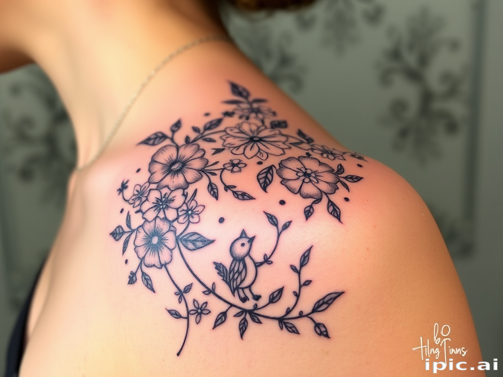 Whimsical dot work tattoo titled "Enchanted Garden" showcasing intricate floral patterns and tiny woodland creatures hidden within the design, creating a dreamlike and ethereal atmosphere on the shoulder blade