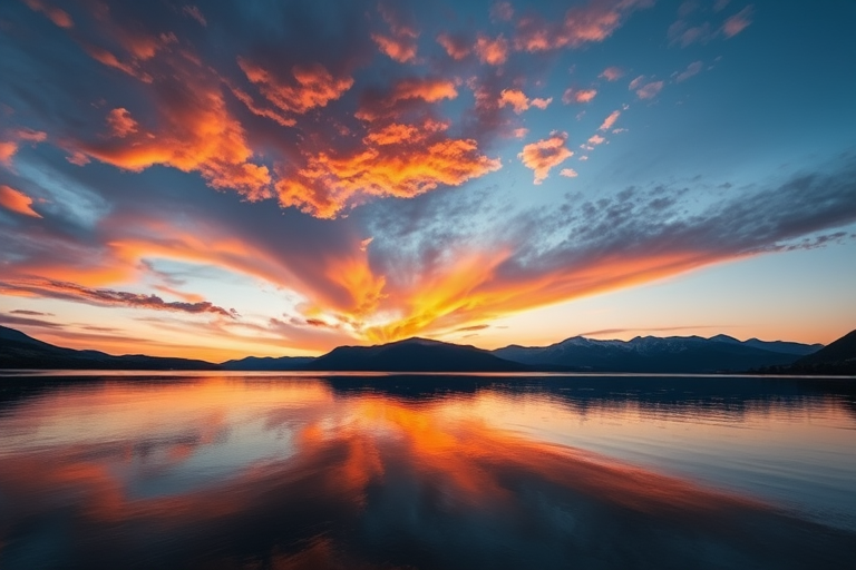 A tranquil lake with a stunning sunset reflecting colorful clouds, mountains in the background, captured with a Canon EOS R5, 24mm lens, aperture f/8, ISO 100, shutter speed 1/60s, landscape orientation.