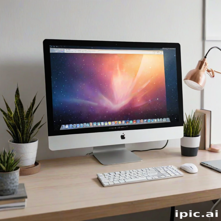 Modern Workspace Featuring an Apple Computer and Stylish Desk Accessories