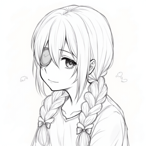 1girl, Best quality, quan,hyouuma,wanke,nikorashi-ka,sofra,you shimizu, voice actor connection, white background, looking at viewer, monochrome, hair between eyes, closed mouth, smile, cosplay, sketch, long hair, greyscale, eyepatch, twintails, low twintails, portrait, kagune (tokyo ghoul), solo, crossover, simple background,