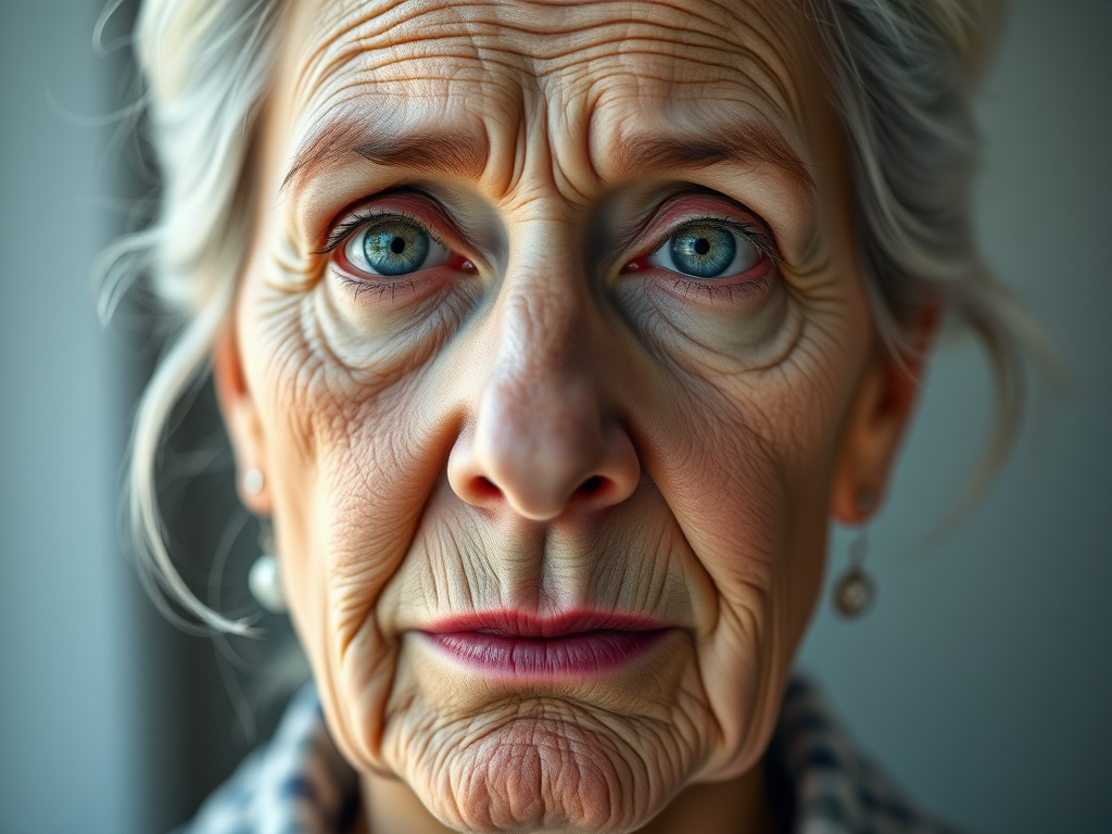 Generate a hyper-realistic portrait of an aging woman with half of her face showing youthful features and the other half depicting intricate wrinkles and aging signs, shot with a Canon EOS R5, 85mm f/1.2 lens, bright and soft natural lighting, and a shallow depth of field for enhanced detail and clarity.
