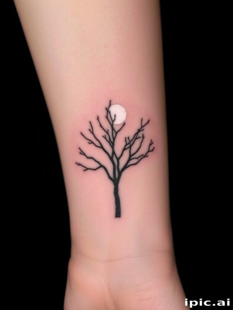 Delicate white-on-black negative space tattoo called "Moonlit Silhouette" depicting the silhouette of a tree with bare branches against a night sky, created by leaving areas of skin untouched within a solid black backgroun