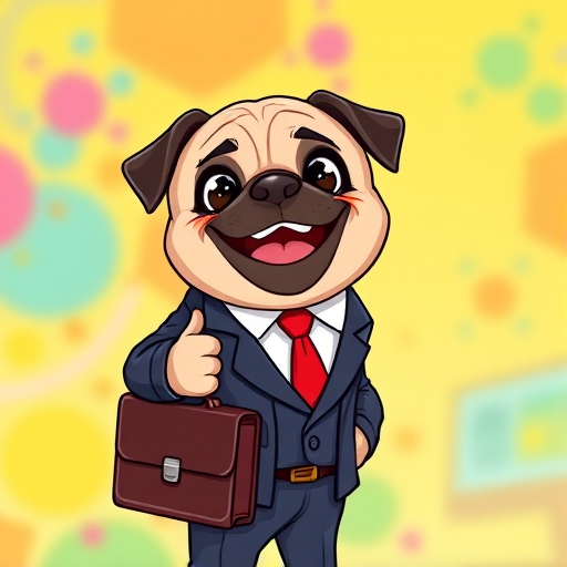 Create a cartoon-style image of a pug dressed in a business suit with a red tie, smiling and giving a thumbs-up while holding a briefcase in a colorful and vibrant background, using a digital art style, 300 DPI resolution, sharp focus, and bright lighting.