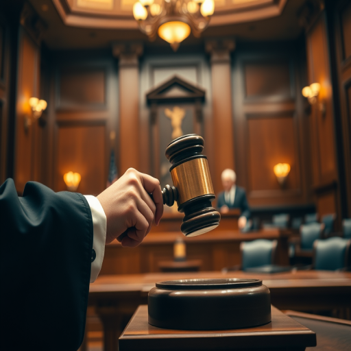 Generate an image of a judge striking a gavel in a courtroom, with warm lighting, shallow depth of field, 50mm lens, ISO 100, f/1.8 aperture, using a DSLR camera for enhanced image quality.