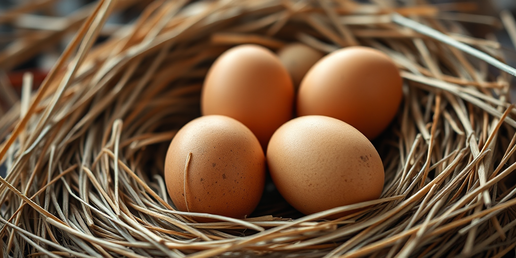 A close-up shot of a nest with four brown eggs, arranged naturally on a bed of straw, taken with a Canon EOS 5D Mark IV at f/4, ISO 100, 1/125s, using a 50mm lens, soft natural lighting to enhance textures.