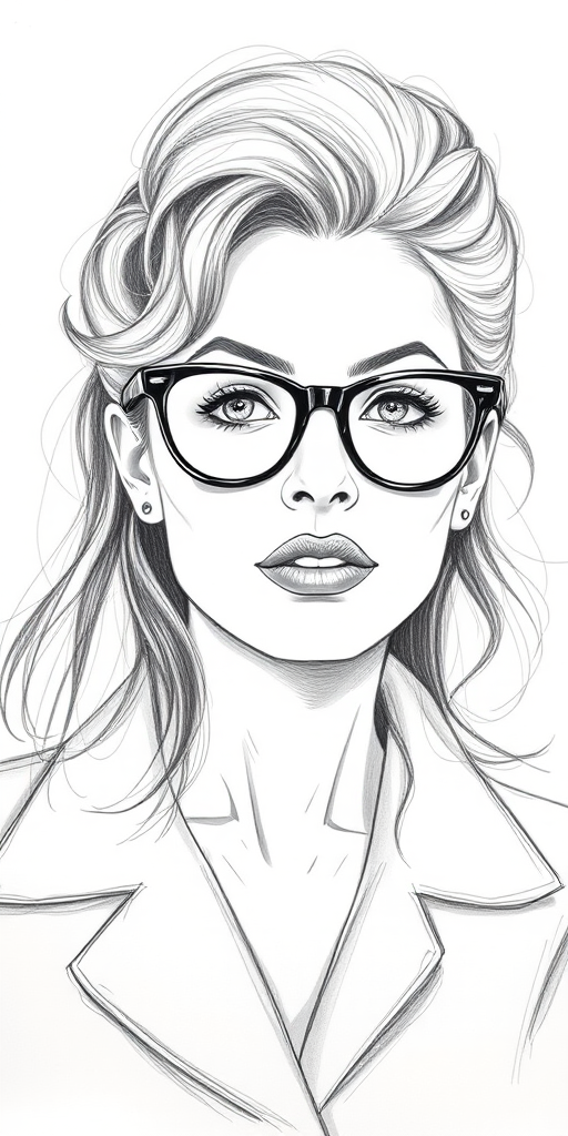 Beautiful Sophia Loren, pencil sketch, portrait of beautiful woman 60s in glasses, hair style beatnik, outline, clear lines, fine lines, 8k