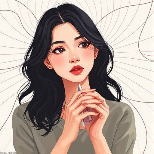 Create a high-resolution digital illustration of a woman with a thoughtful expression, her hands delicately holding an object, set against a minimalist background with intricate line patterns, using a Canon EOS R5 camera, 50mm lens, f/1.8 aperture, ISO 100, and soft natural lighting to enhance texture and detail.