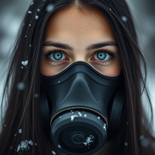 female wearing a gas mask with long black hair in snowy environment, captivating blue eyes, soft focus, 85mm lens, f/1.8 aperture, ISO 100, shallow depth of field, natural lighting, portrait photography, full frame camera