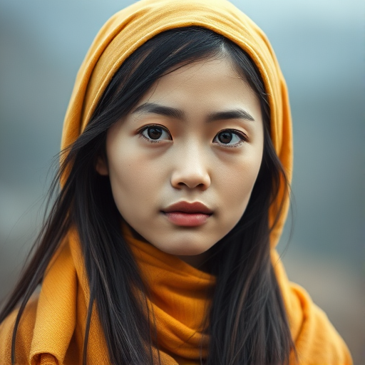 Create a portrait of a young Manchu woman with long, dark hair and captivating hazel eyes. She is wearing a Yellow headscarf and a matching scarf draped gracefully around her neck. The background is softly blurred, focusing attention on her serene and natural expression. The overall color palette is muted and warm, enhancing the intimate and authentic feel of the portrait.