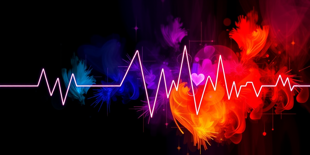 Create a colorful heartbeat line illustration with a vibrant, abstract style, using a Canon EOS R camera, 50mm lens, f/2.8 aperture, ISO 100, and natural light for enhanced clarity and detail.
