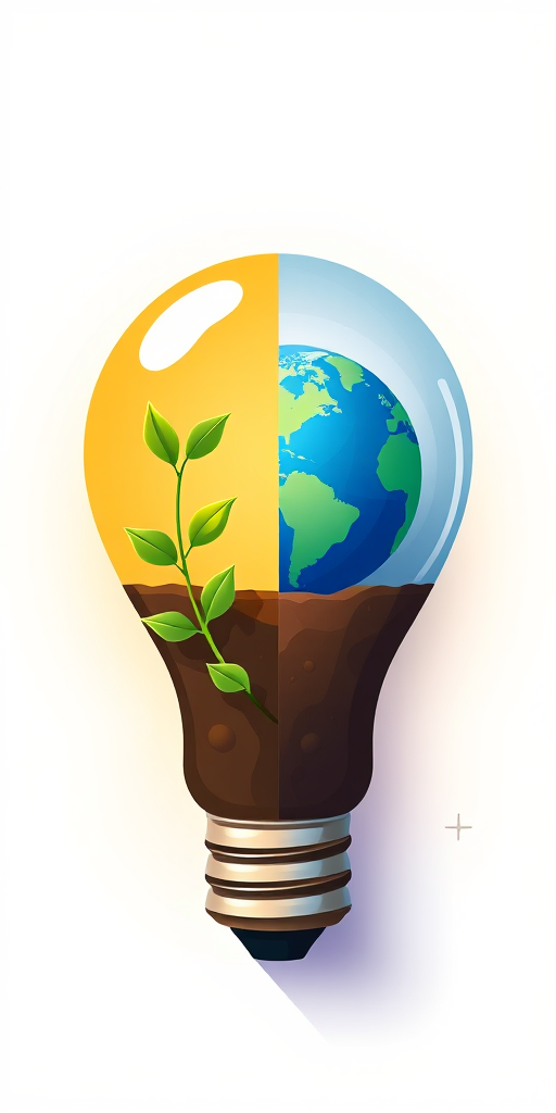 Generate an illustration featuring a split lightbulb design with one side depicting a plant growing in soil and the other side showing a globe, use vibrant colors, a clean vector style, with a camera angle that is top-down and a sharp focus for enhanced clarity, settings: ISO 100, f/8, shutter speed 1/250s.