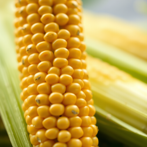 close-up shot of a fresh ear of corn with detailed kernels and green husks, natural light, aperture f/2.8, ISO 100, 50mm lens, studio photography