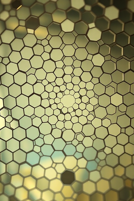 Create a high-resolution abstract background with a hexagonal grid pattern radiating from the center, using a Canon EOS R5, ISO 100, f/8 aperture, 35mm lens, and a macro photography style to enhance detail and clarity.