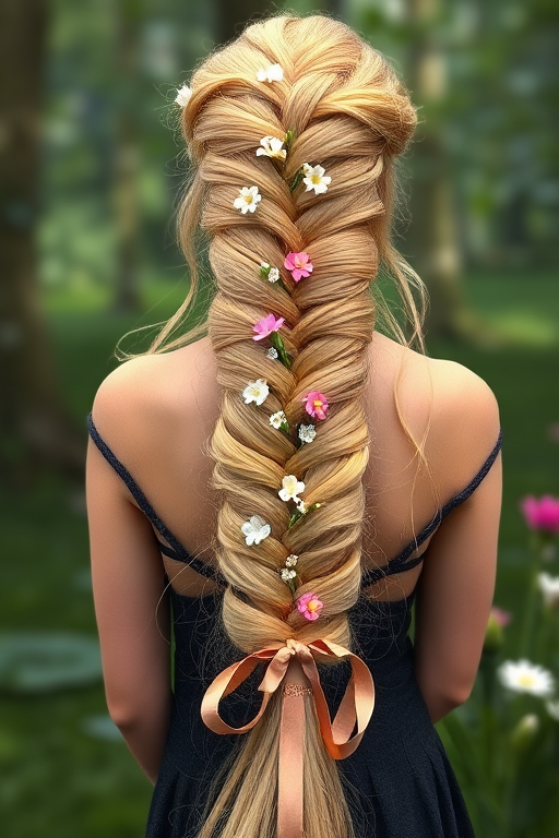Enchanted Fairy Tale Rapunzel Braid featuring an ultra-long golden blonde braid interwoven with delicate wildflowers and shimmering ribbon accents cascading down to the ankles