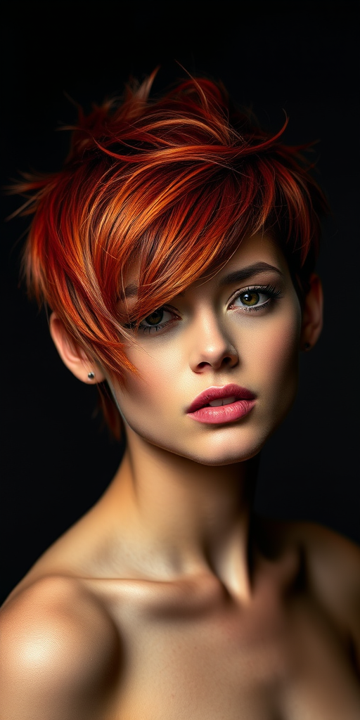 Dramatic shot of a model with Flame Fusion hair, a bold mix of reds and oranges in a short, spiky pixie cut with longer pieces framing the face