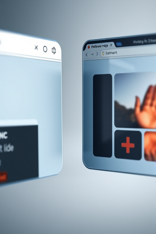 create an image of two browser windows with 3D elements, one showing a link and the other displaying a plus icon and an image, perspective view, 50mm lens, aperture f/8, ISO 100, soft lighting for enhanced detail
