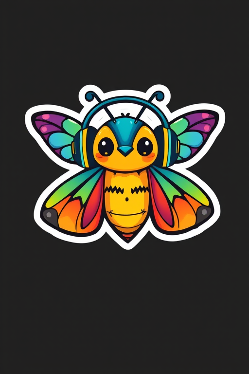 this image is sticker, Happy Colorful Moth wearing Headphones, kawaii, contour, vector, black background