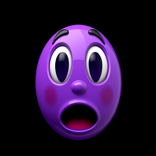 Create a 3D illustration of a glossy purple emoji face with wide open eyes and a surprised mouth on a solid black background, using a Canon EOS 5D Mark IV with a 50mm lens at f/1.8, ISO 100, and natural lighting to capture vibrant colors and smooth gradients.
