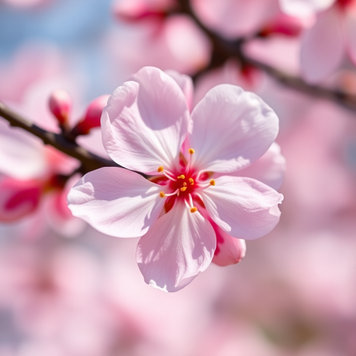 A high-resolution image of a cherry blossom flower with five petals, soft pink colors, taken with a Canon EOS R5, 85mm lens at f/2.8, natural light, shallow depth of field, with a soft bokeh background to enhance focus on the flower.