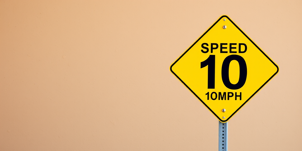 Create an image of a bright yellow traffic sign that reads "SLOW DOWN SPEED LIMIT 10 MPH" against a textured beige wall, using a DSLR camera with an aperture of f/8, ISO 200, a shutter speed of 1/250s, shot from a straight-on perspective, in daylight to enhance clarity and detail.