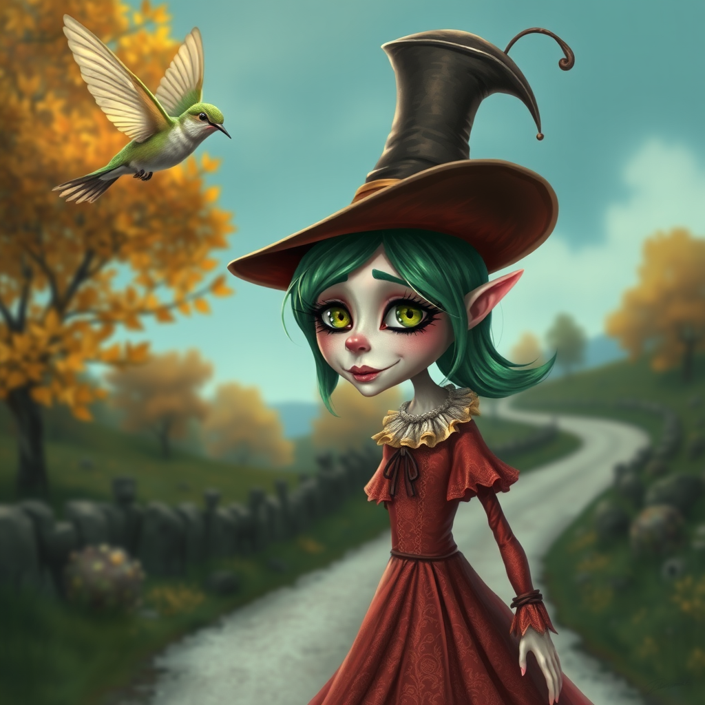 digital art fantasy depicting a strange girl with green hair, long eyelashes, white lipstick and a tall hat walking along a winding road on an autumn afternoon, an Hummingbird smiles as she passes
